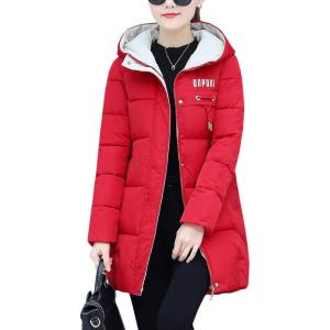 image:imageFlygo Womens Puffer Parka Jacket Thickened Hooded Long Quilted Insulated Warm Coat Medium Red