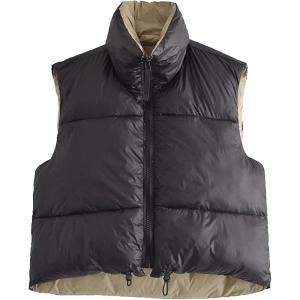 image:imageFlygo Womens Stand Collar Reversible Outdoor Padded Cropped Puffer Vest JacketBlack