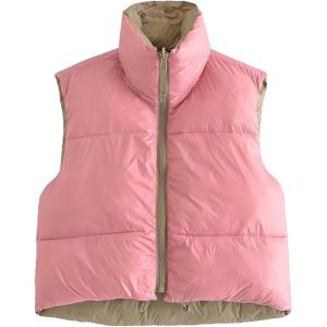 image:imageFlygo Womens Stand Collar Reversible Outdoor Padded Cropped Puffer Vest JacketPink