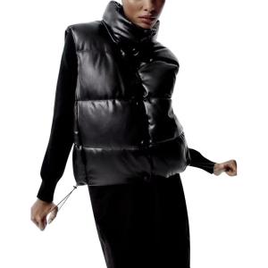 image:imageFlygo Womens Winter PU Leather Quilted Cropped Puffer Vest Faux Leather Zip Up Sleeveless JacketBlack