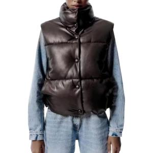 image:imageFlygo Womens Winter PU Leather Quilted Cropped Puffer Vest Faux Leather Zip Up Sleeveless JacketBrown