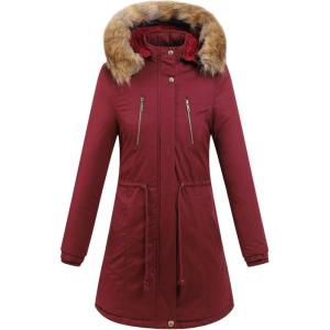 image:imageFlygo Womens Winter Warm Hooded Thicken Fleece Lined Parkas Long Coat Puffer Jacket XSmall Wine Red