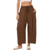image:imageFlygo Womens Wide Leg Pants Summer Beach High Waisted Drawstring Palazzo Trousers Casual Loose Harem Pants with PocketsBrown