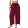 image:imageFlygo Womens Wide Leg Pants Summer Beach High Waisted Drawstring Palazzo Trousers Casual Loose Harem Pants with PocketsBurgundy
