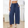 image:imageFlygo Womens Wide Leg Pants Summer Beach High Waisted Drawstring Palazzo Trousers Casual Loose Harem Pants with PocketsNavy Blue