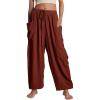 image:imageFlygo Womens Wide Leg Pants Summer Beach High Waisted Drawstring Palazzo Trousers Casual Loose Harem Pants with PocketsRust