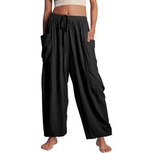 image:imageFlygo Womens Wide Leg Pants Summer Beach High Waisted Drawstring Palazzo Trousers Casual Loose Harem Pants with PocketsBlack