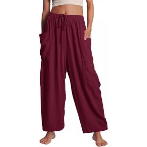 image:imageFlygo Womens Wide Leg Pants Summer Beach High Waisted Drawstring Palazzo Trousers Casual Loose Harem Pants with PocketsBurgundy