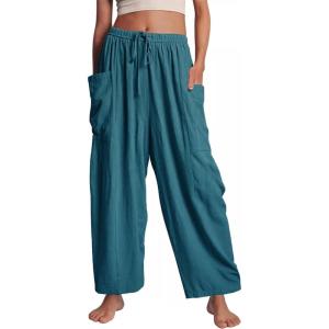 image:imageFlygo Womens Wide Leg Pants Summer Beach High Waisted Drawstring Palazzo Trousers Casual Loose Harem Pants with PocketsLake Blue