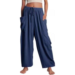 image:imageFlygo Womens Wide Leg Pants Summer Beach High Waisted Drawstring Palazzo Trousers Casual Loose Harem Pants with PocketsNavy Blue