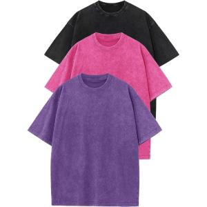 image:imageFlygo 3 Pack Boys Girls TShirts Cotton Acid Washed Oversized Tee Shirts Kids Loose Short Sleeve Summer Basic T Shirt TopsBlackrosepurple