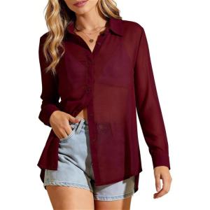 image:imageFlygo Sheer Tops for Women Sexy Long Sleeve Button up Shirts Loose Collared See Through Mesh Blouse TopBurgundy