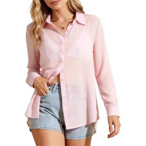 image:imageFlygo Sheer Tops for Women Sexy Long Sleeve Button up Shirts Loose Collared See Through Mesh Blouse TopPink