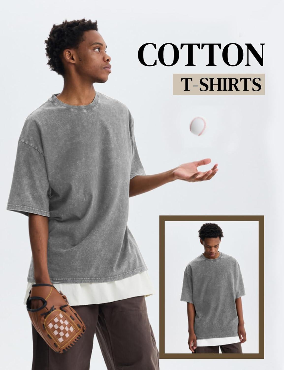 image:imageFlygo Mens Oversized TShirts Acid Wash Cotton Vintage Loose Fit Baggy Tees Summer Short Sleeve Basic Streetwear TopsGrey