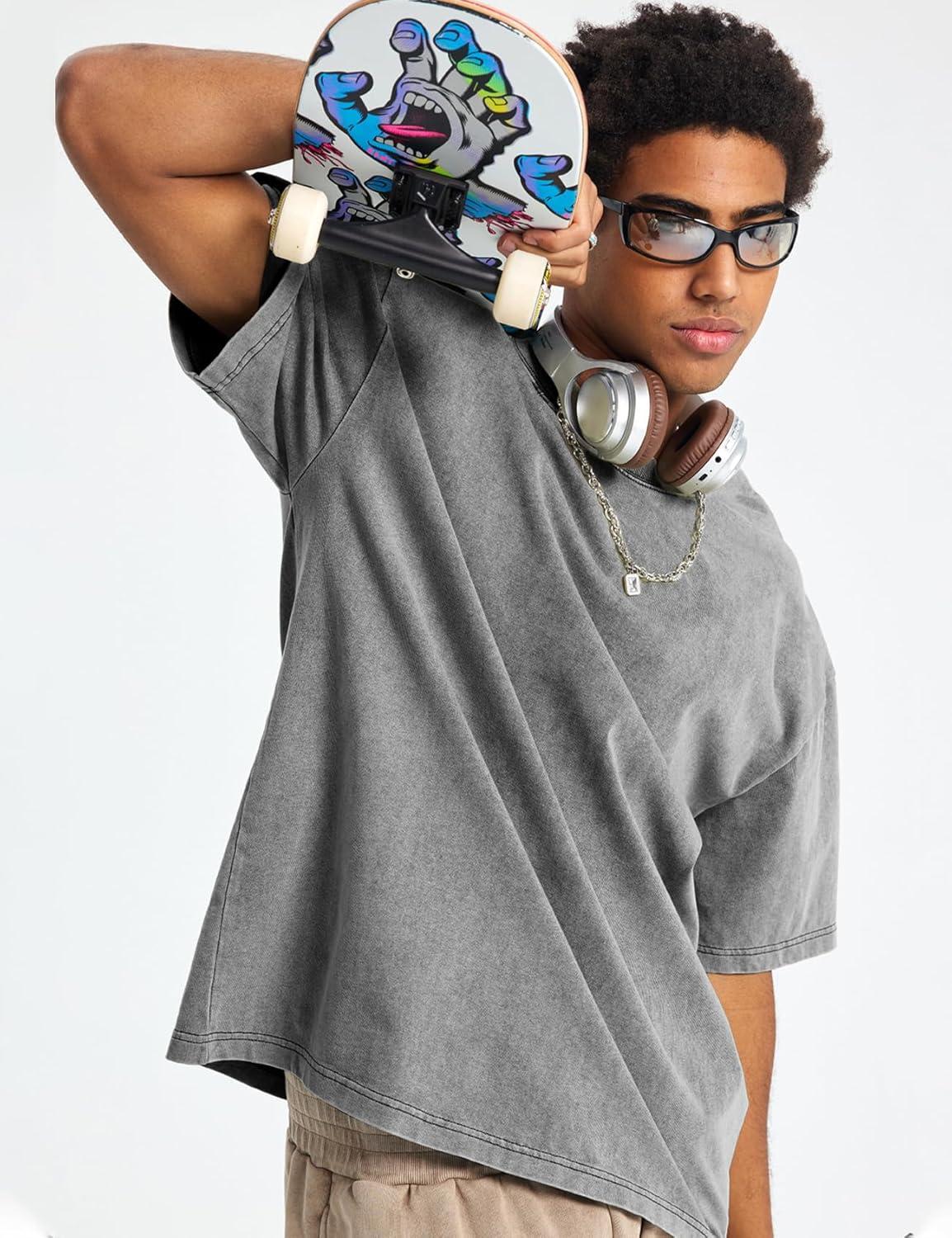 image:imageFlygo Mens Oversized TShirts Acid Wash Cotton Vintage Loose Fit Baggy Tees Summer Short Sleeve Basic Streetwear TopsGrey