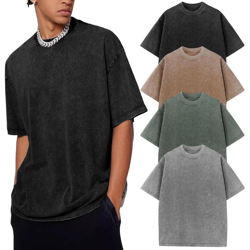 image:imageFlygo Mens Oversized TShirts Acid Wash Cotton Vintage Loose Fit Baggy Tees Summer Short Sleeve Basic Streetwear TopsBlackgreykhakiarmygreen