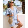 image:imageFlygo Women Gingham Short Pajama Set Y2K Tie Front Puff Sleeve Top High Waist 2 Piece Sets Summer Cute Plaid Pjs LoungewearBlue