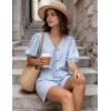image:imageFlygo Women Gingham Short Pajama Set Y2K Tie Front Puff Sleeve Top High Waist 2 Piece Sets Summer Cute Plaid Pjs LoungewearBlue