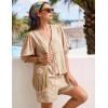 image:imageFlygo Women Gingham Short Pajama Set Y2K Tie Front Puff Sleeve Top High Waist 2 Piece Sets Summer Cute Plaid Pjs LoungewearBrown