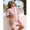 image:imageFlygo Women Gingham Short Pajama Set Y2K Tie Front Puff Sleeve Top High Waist 2 Piece Sets Summer Cute Plaid Pjs LoungewearPink
