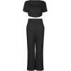 image:imageFlygo Womens Velvet 2 Pieces Outfits Short Sleeves Crop Top amp Long Pants JumpsuitsBlack