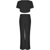 image:imageFlygo Womens Velvet 2 Pieces Outfits Short Sleeves Crop Top amp Long Pants JumpsuitsBlack