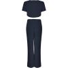 image:imageFlygo Womens Velvet 2 Pieces Outfits Short Sleeves Crop Top amp Long Pants JumpsuitsNavy