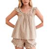 image:imageFlygo Pajama for Women Sets 2 Piece Summer Gingham Ruffle Trim Cami Top Short Sets Y2K Cute Plaid Pjs Lounge Sleepwear OutfitBrown