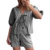 image:imageFlygo Women Gingham Short Pajama Set Y2K Tie Front Puff Sleeve Top High Waist 2 Piece Sets Summer Cute Plaid Pjs LoungewearBlack