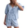 image:imageFlygo Women Gingham Short Pajama Set Y2K Tie Front Puff Sleeve Top High Waist 2 Piece Sets Summer Cute Plaid Pjs LoungewearBlue