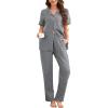 image:imageFlygo Womens 100 Cotton Pajamas Set Polka Dot Short Sleeve Button Down Top amp Long Pants Soft Sleepwear with PocketsGrey