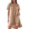 image:imageFlygo Womens Gingham Nightgown Cotton Ruffle Short Sleeve Button Down Sleep House Dress Summer Plaid Loungewear with PocketsBrown