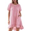 image:imageFlygo Womens Gingham Nightgown Cotton Ruffle Short Sleeve Button Down Sleep House Dress Summer Plaid Loungewear with PocketsPink