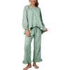 image:imageFlygo Womens Plaid Pajamas Sets 2 Piece Cotton Pj Set Puff Sleeve Ruffle Babydoll Shirt Gingham Pants Lounge SetsBean Green