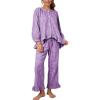 image:imageFlygo Womens Plaid Pajamas Sets 2 Piece Cotton Pj Set Puff Sleeve Ruffle Babydoll Shirt Gingham Pants Lounge SetsPurple