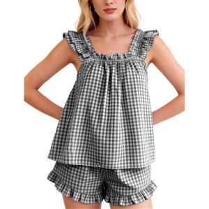 image:imageFlygo Pajama for Women Sets 2 Piece Summer Gingham Ruffle Trim Cami Top Short Sets Y2K Cute Plaid Pjs Lounge Sleepwear OutfitBlack