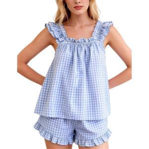 image:imageFlygo Pajama for Women Sets 2 Piece Summer Gingham Ruffle Trim Cami Top Short Sets Y2K Cute Plaid Pjs Lounge Sleepwear OutfitBlue