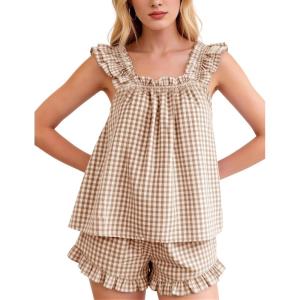 image:imageFlygo Pajama for Women Sets 2 Piece Summer Gingham Ruffle Trim Cami Top Short Sets Y2K Cute Plaid Pjs Lounge Sleepwear OutfitBrown