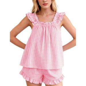 image:imageFlygo Pajama for Women Sets 2 Piece Summer Gingham Ruffle Trim Cami Top Short Sets Y2K Cute Plaid Pjs Lounge Sleepwear OutfitPink