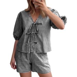 image:imageFlygo Women Gingham Short Pajama Set Y2K Tie Front Puff Sleeve Top High Waist 2 Piece Sets Summer Cute Plaid Pjs LoungewearBlack