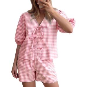 image:imageFlygo Women Gingham Short Pajama Set Y2K Tie Front Puff Sleeve Top High Waist 2 Piece Sets Summer Cute Plaid Pjs LoungewearPink