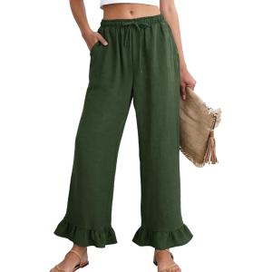 image:imageFlygo Women Wide Leg Palazzo Pants Summer Ruffled High Elastic Waisted Flowy Pants Casual Pleated Beach Trousers with PocketsArmygreen