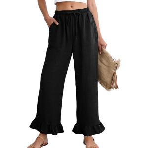 image:imageFlygo Women Wide Leg Palazzo Pants Summer Ruffled High Elastic Waisted Flowy Pants Casual Pleated Beach Trousers with PocketsBlack
