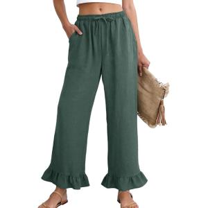 image:imageFlygo Women Wide Leg Palazzo Pants Summer Ruffled High Elastic Waisted Flowy Pants Casual Pleated Beach Trousers with PocketsGreen