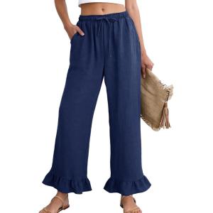 image:imageFlygo Women Wide Leg Palazzo Pants Summer Ruffled High Elastic Waisted Flowy Pants Casual Pleated Beach Trousers with PocketsNavyblue