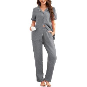 image:imageFlygo Womens 100 Cotton Pajamas Set Polka Dot Short Sleeve Button Down Top amp Long Pants Soft Sleepwear with PocketsGrey