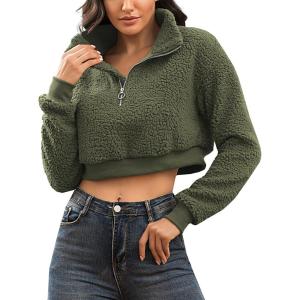 image:imageFlygo Womens 12 Zip Sherpa Pullover Fuzzy Fleece Cropped SweatshirtArmygreen