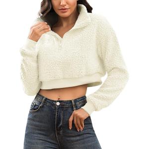 image:imageFlygo Womens 12 Zip Sherpa Pullover Fuzzy Fleece Cropped SweatshirtBeige