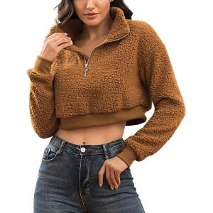 image:imageFlygo Womens 12 Zip Sherpa Pullover Fuzzy Fleece Cropped SweatshirtBrown