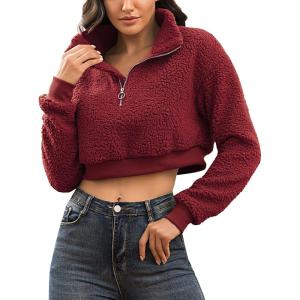 image:imageFlygo Womens 12 Zip Sherpa Pullover Fuzzy Fleece Cropped SweatshirtWinered